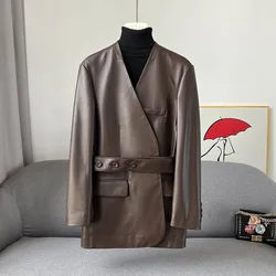 Formal Clothing Spring Autumn New Leather Clothing Women Sheepskin Medium Length V-neck Slim Fitting Lace Up Jacket Women Coat