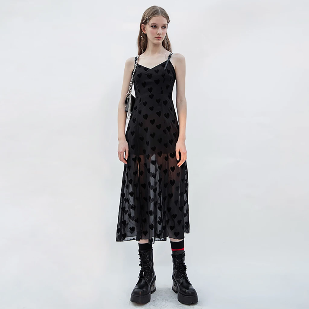 

PUNKRAVE Women's Gothic Chiffon Strap Long Dress Adjustable Shoulder Straps Breathable Casual Wear Dresses