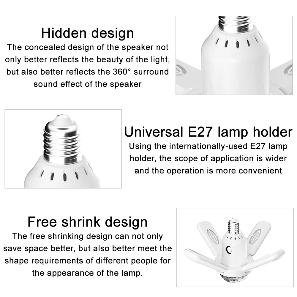 LED E27 Bulb Ceiling NightLight Colorful 4-Leaves Music Bluetooth Audio Folding Disco Floodlight With Remote Control For Bedroom Smart Led Light Bulbs