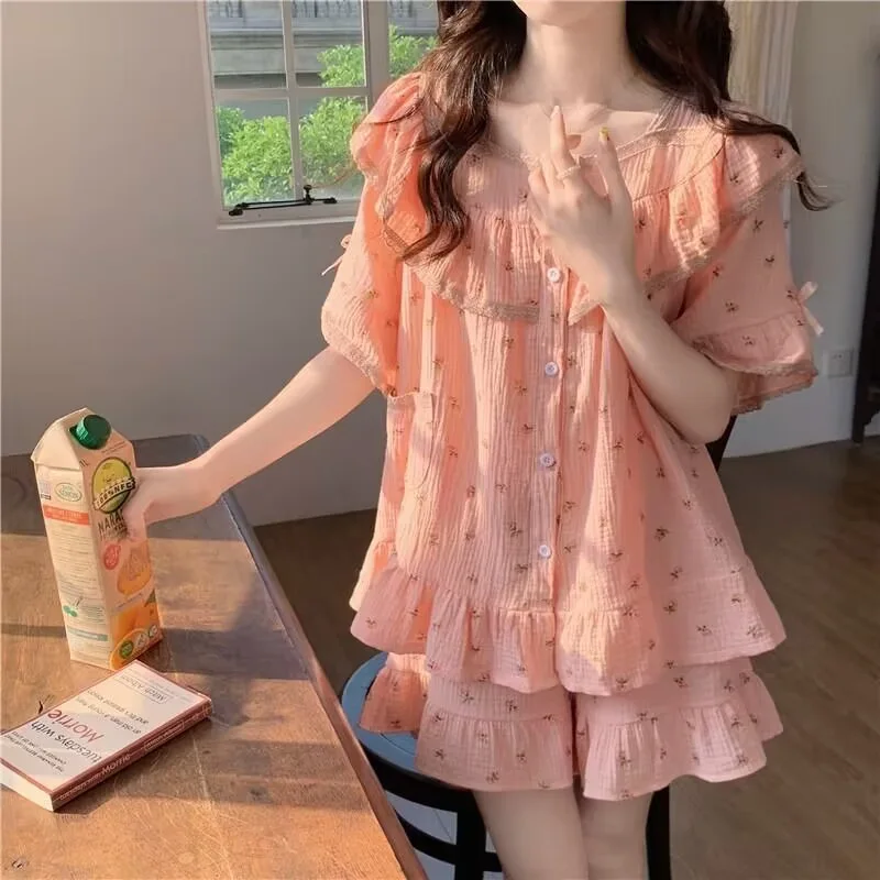 

Pajamas Set Women Summer Short Sleeve Shorts Sweet Cute 2Piece/Set Sleepwear Round Neck Homewear Home Clothes Female