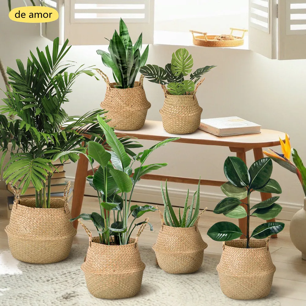 Large Wicker woven Planter Storage Basket Handmade seaweed rattan hanging Flowerpot holder Laundry sundries organizer homeDecor 