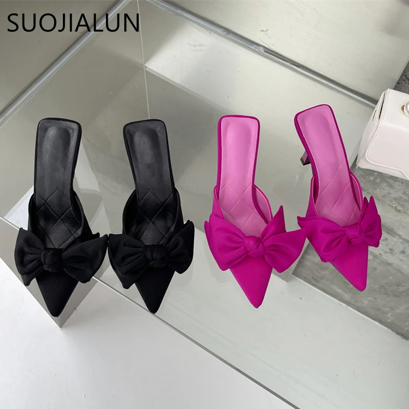 

SUOJIALUN 2022 New Brand Pointed Toe Women Slipper Thin High Heel Ladies Slip On Mules Shoes Fashion Bow-knot Casual Slides Sand