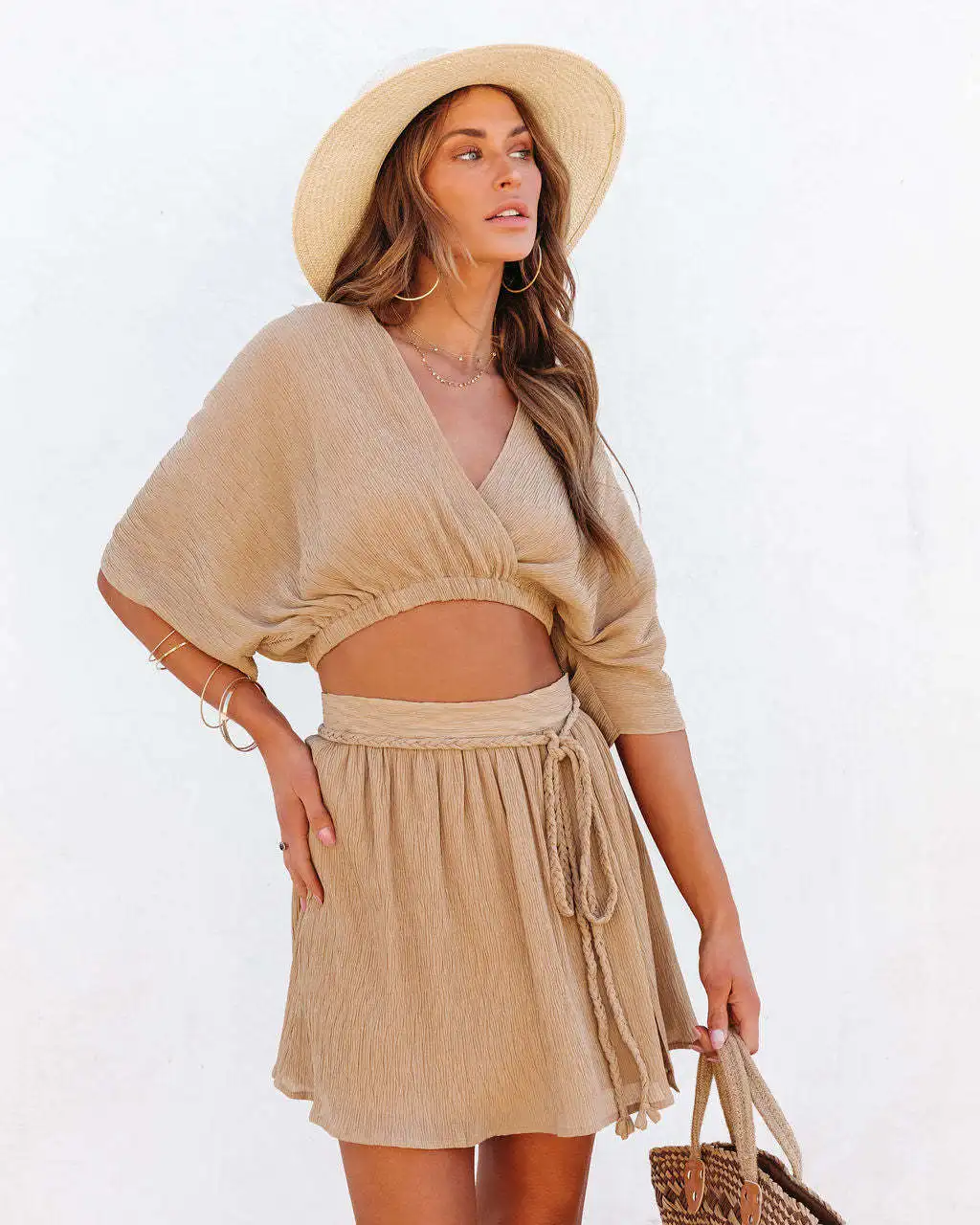 

Women Summer Fashion Chiffon Clothes Set Solid Color Tops Thin Soft Sheer Short Sleeves V-neck Tops with Sexy Mini Length Skirt