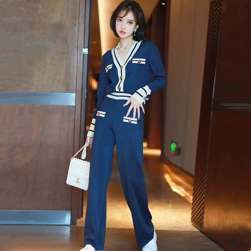 

Autumn New Casual Style Spliced Knitted Sweater Cardigan Loose Wide Leg Pants Two Piece Elegant Women's Set Outfits T45