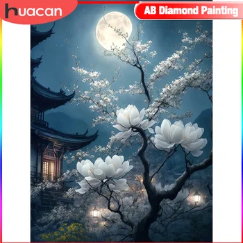 HUACAN – peinture de diamant de paysage ancien, perceuse carrée ronde, mosaïque de fleur de lune, cadeau fait à la main, décoration de chambre à coucher 1