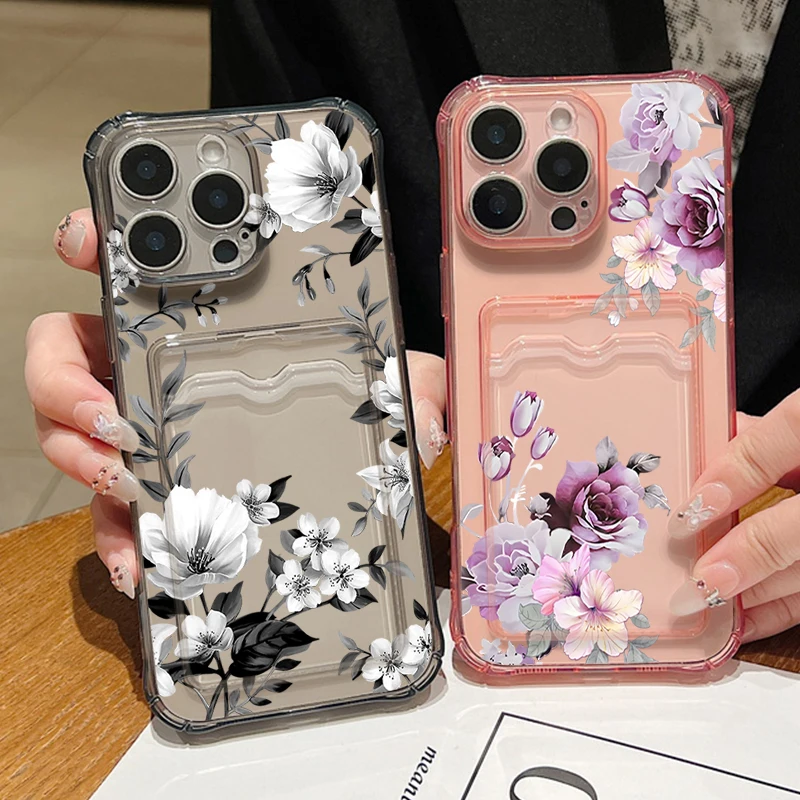 Floral Shockproof Silicone Phone Case with Card Slot Pocket