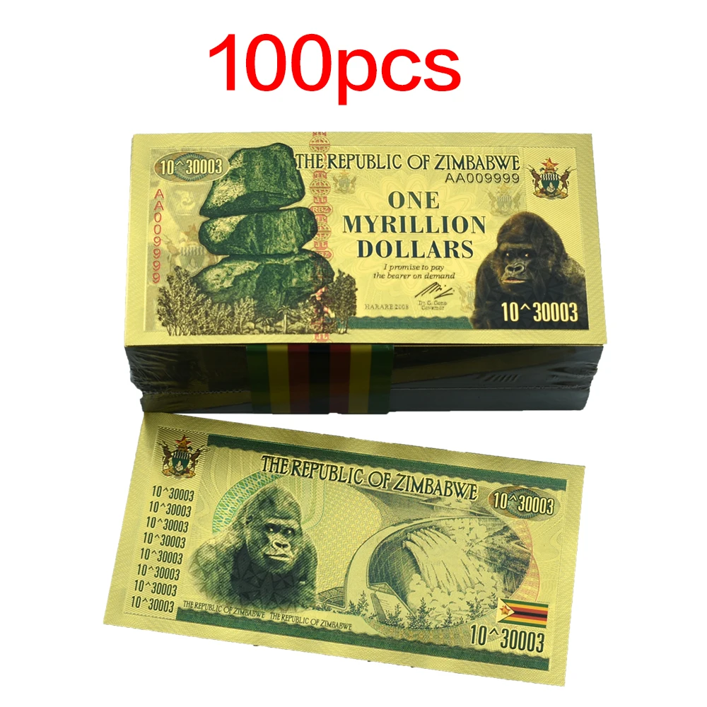 

100pcs/lot Zimbabwe One Myrillion Dollars Commemorative Gold Banknotes Uncurrency Money Art Ornaments Souvenir Gifts