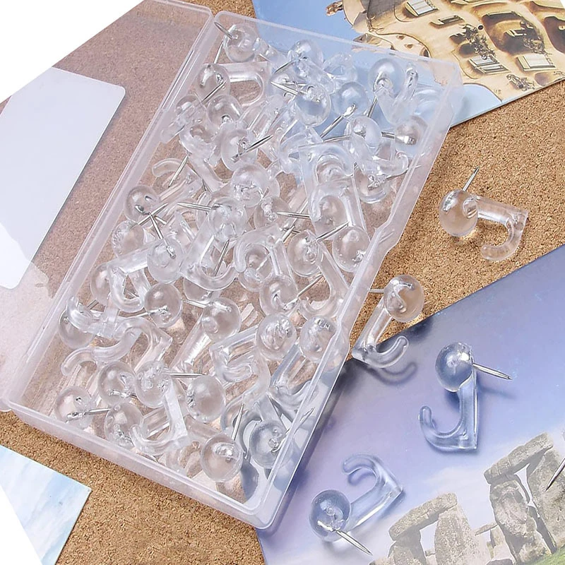 50Pcs Plastic Metal Crochet Black Transparent Cork Thumbtack Hook Decorative Thumb Tacks Hook Back Push Pins For Cork Board