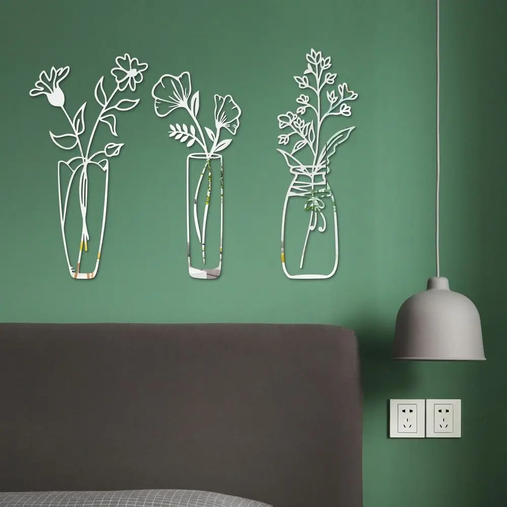 3PCS/Set 3D Flower Vase Wall Stickers Acrylic Self-adhesive Mirror Surface Decals Potting Plant Home Decor Living Room Ornament
