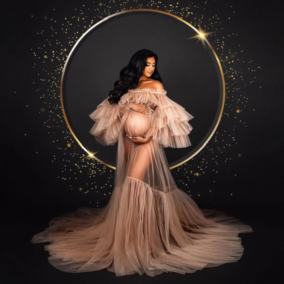 

Photoshooting Transparent Maternity Dresses Off Shoulder Layered Sleeves Tulle Long Maternity Dress Babyshower Custom Made Lush