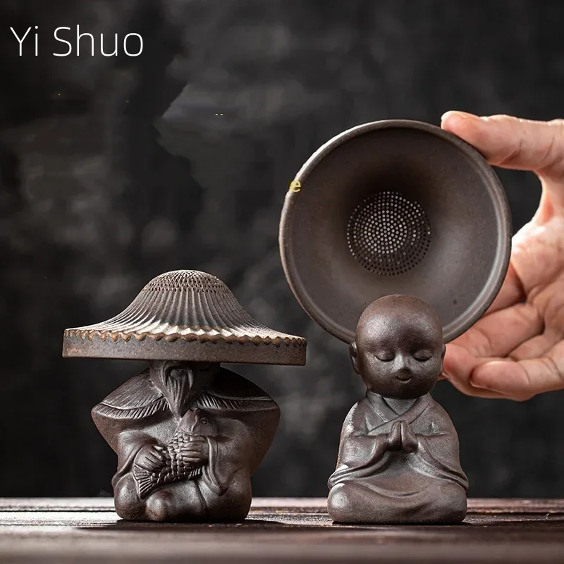 Lakes Ceramic Filter Group Creative Old Fisherman Little Monk Bamboo Hat Tea Funnel Tea Strainer Filter Infuser Set