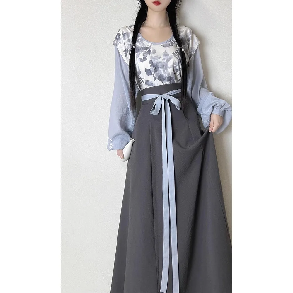 Hanfu Women's Fake Two Pieces Beizi round-Neck Shirt Broken Skirt Slimming Dress