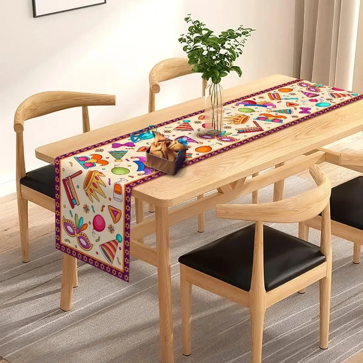 Happy Purim Linen Table Runner Jewish Holiday Carnival Party Decor Masque Crown Kitchen Dining Room Outdoor Picnic Home Decor