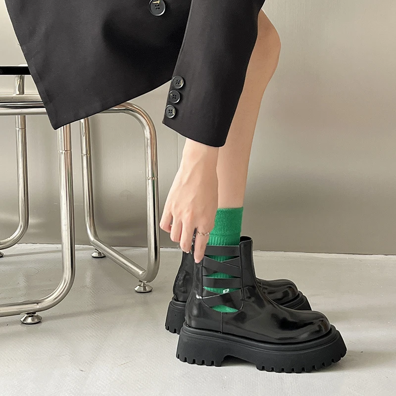 Design Platform Boots Sqaure Toe Chelsea Boots Slip on Leather Ankle Boots Casual Chunky Shoes Platform Boots Shoes for Women