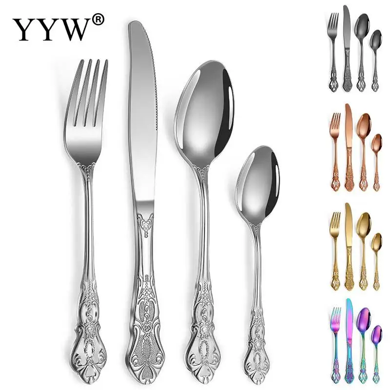 

5Pcs Cutlery Stainless Steel Royal Spoon Fork Knives Set Plated Glossy Mirror Western Kitchen Flatware Dishwasher Safe Tableware