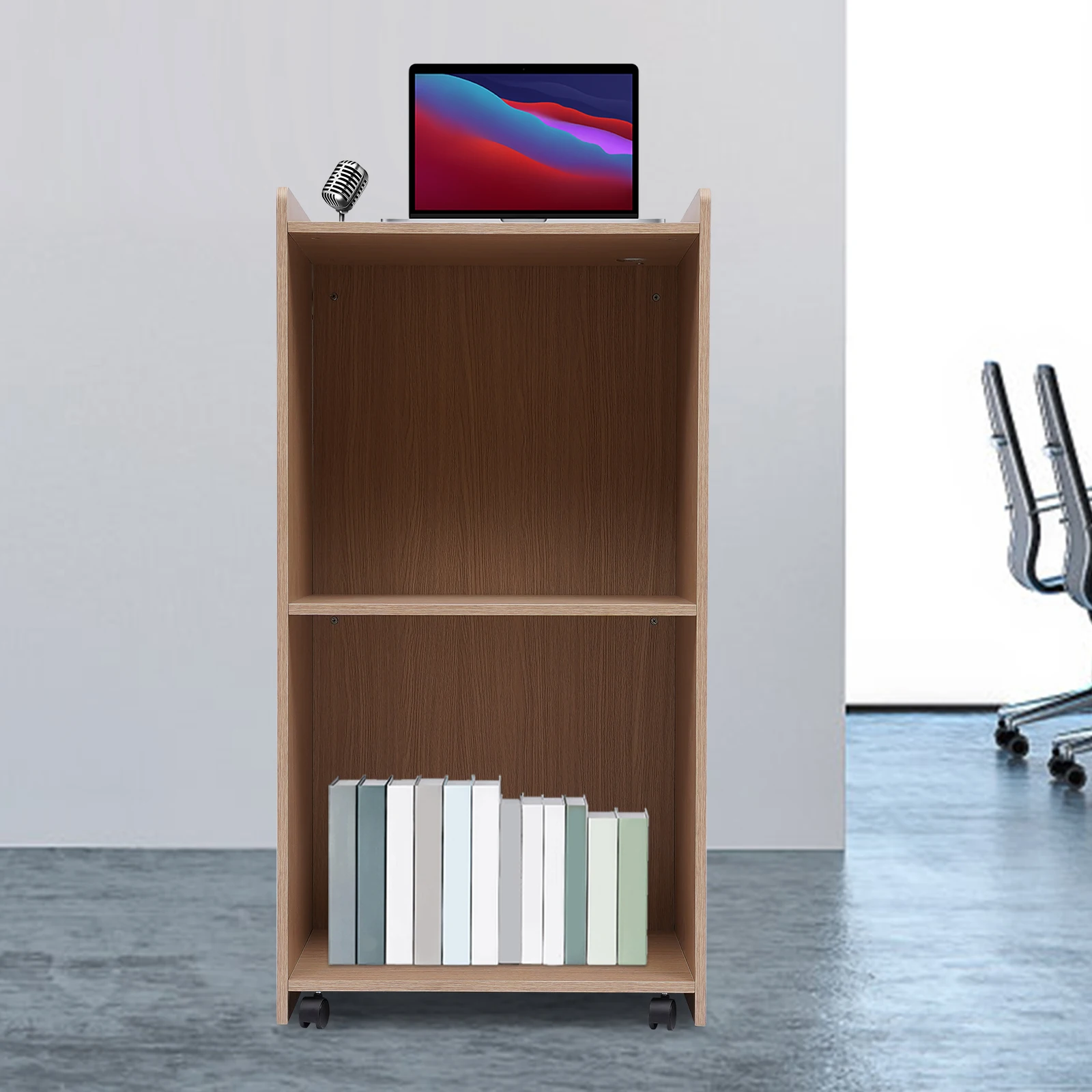 Wood Portable Podium Stand Reception Desk Lectern with Mobile Wheels Storage Shelf 22.6 * 14.5 * 41.3" Churches Podium