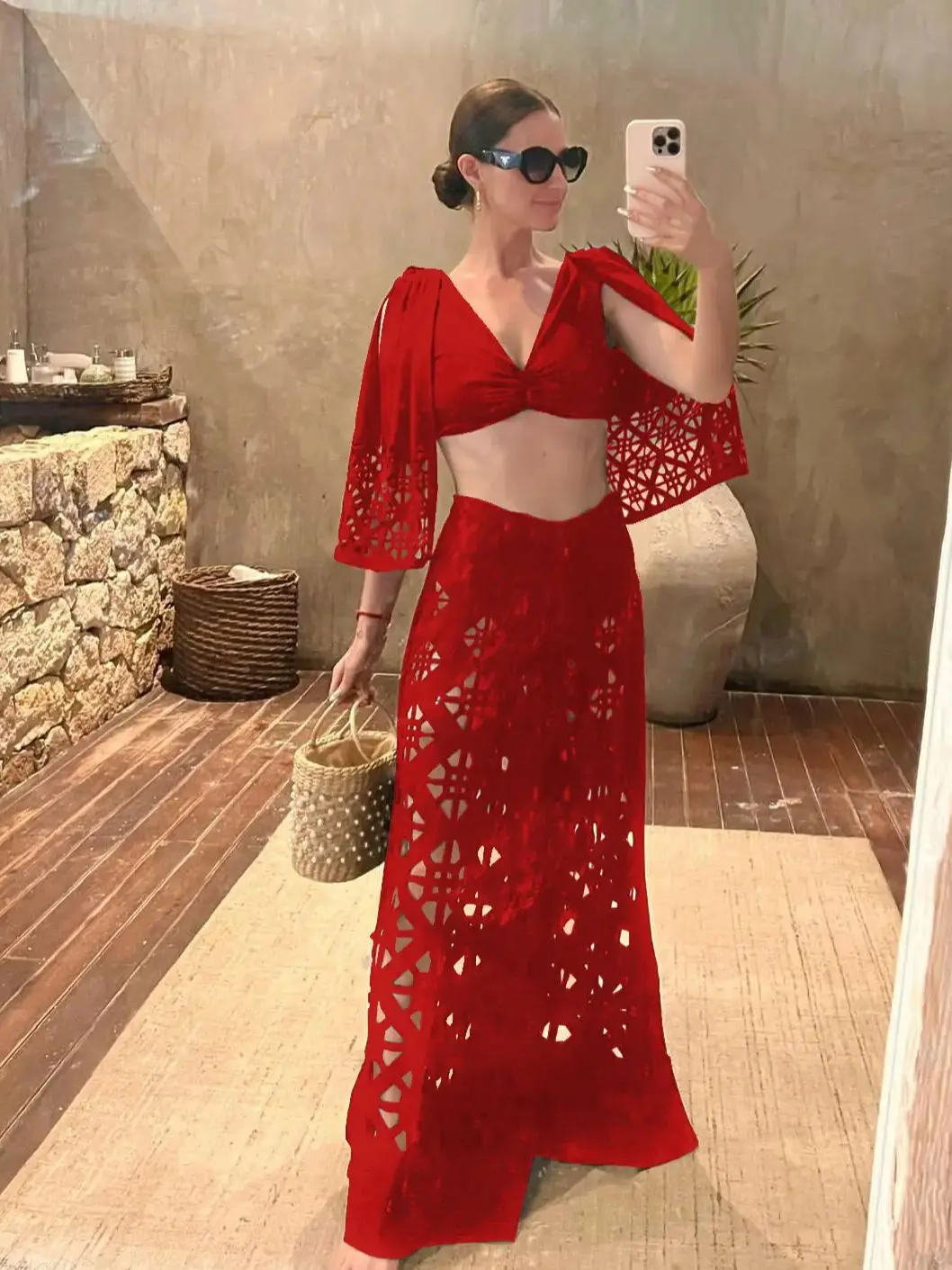 2024 Hot Sale Women Pants Set Hollow Out Wide Leg Pants Solid Color Trousers Overalls For Ladies High Street Female Clothing