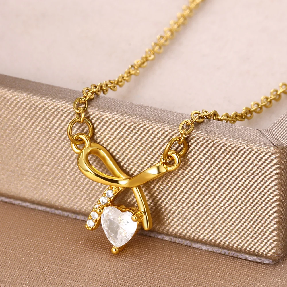 Bow Necklace Heart Zircon Necklaces For Women Y2k Jewelry Shining Pendant Clavicle Chain Hot Selling Party Clothes Decoration