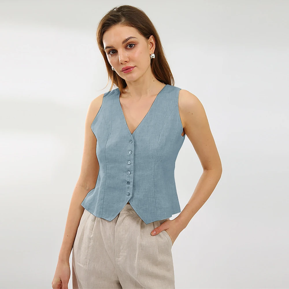Ladies Linen Single Breasted Vest Fashion Slim Clothing Business Office Casual Solid Color Vest