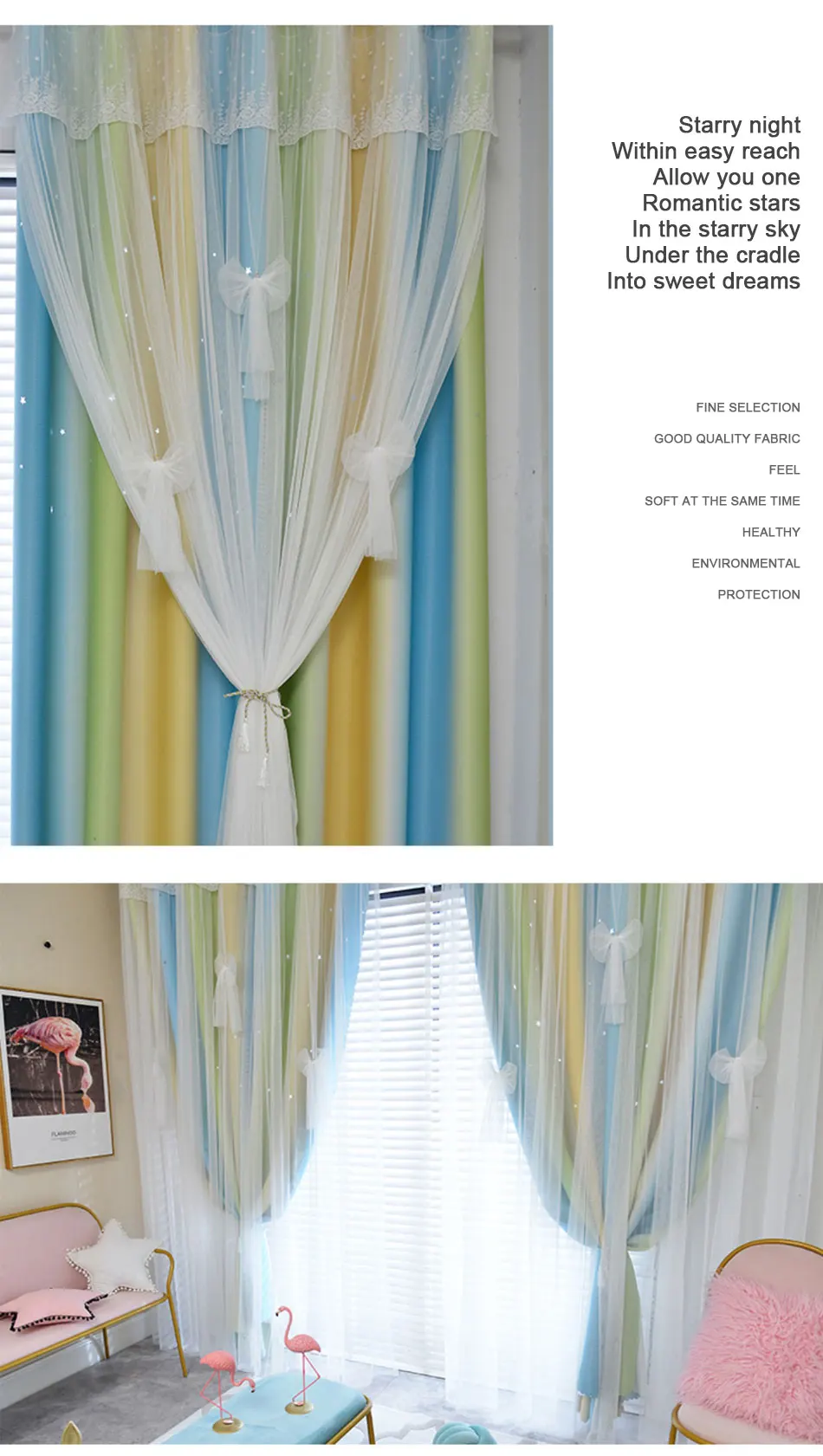 MIDSUM Bedroom Curtains Cloth Tulle Double Layer Drapes Hollow Star Decoration Window Blue Pink Gradient Curtain For Living Room