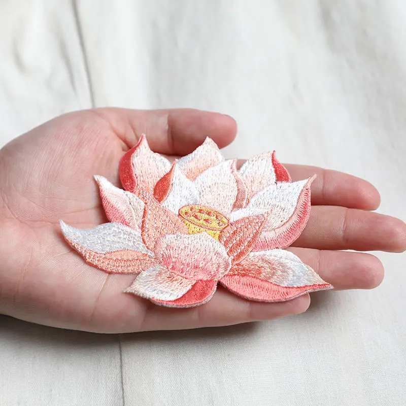 5pcs Embroidery Lutus 9.5x6.5cm Iron-on fabric patch Chinese artist For decorate cloth Fans T-shirt Jeans Handcraft gift pack