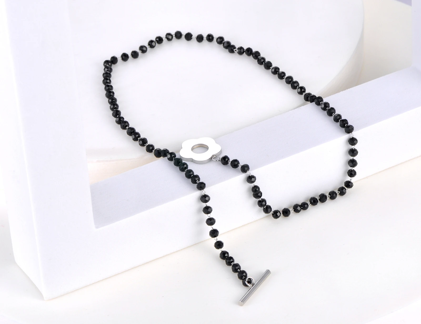 Lokaer Mode Schwarz CZ Kristall Charme Halsketten Für Frauen Edelstahl Weiße Perle Link Kette Böhmischen Strand Halskette N22083_voghion.com