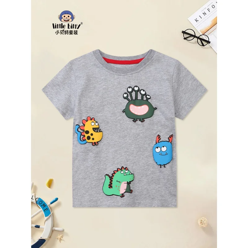 

Children's Half Sleeve2024Summer Cotton Short Sleeve Cool BoyTT-shirt Gray Top Cartoon Print