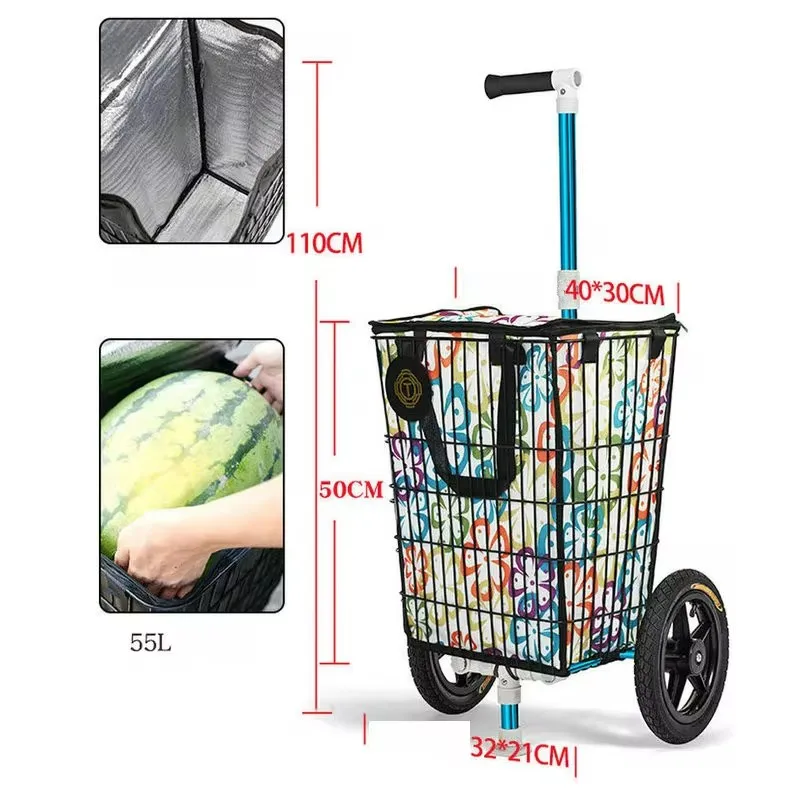12 Inch Big Wheel Utility Shopping Cart Can Load 50KG, Grocery Camping Wagon Bicycle Trailer
