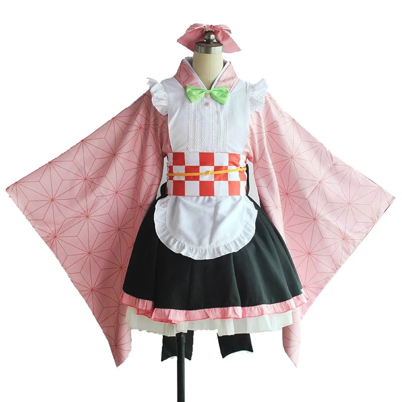 

Anime Kamado Nezuko Lolita Japanese Dress Kimono Demon Slayer Kimetsu No Yaiba Cosplay Maid Uniform Halloween Party Costume