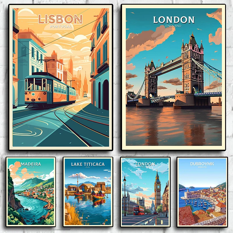 Retro Holiday Travel City Lisbon London Tourism Posters for Living Room Canvas Painting Print Art Home Wall Decor Pictures Gifts 1