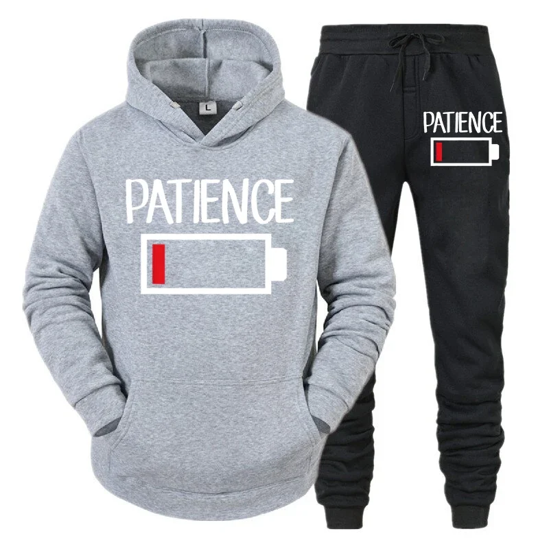 thumbnail image 1 of Conjunto de 2 piezas de sudadera y pantalones divertidos con estampado de batería "PATIENCE" para hombre, sudadera de manga larga, chándal, ropa deportiva unisex, 1 of 4