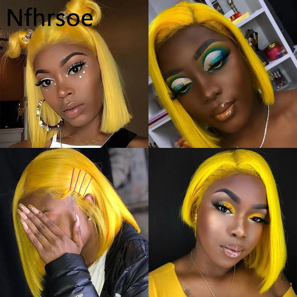 Yellow Colored Bob Wig 13x4 Lace Front Human Hair Wigs Short Straight Lace Front Wig Transparent Lace Wigs For Women Human Hair - Image 4