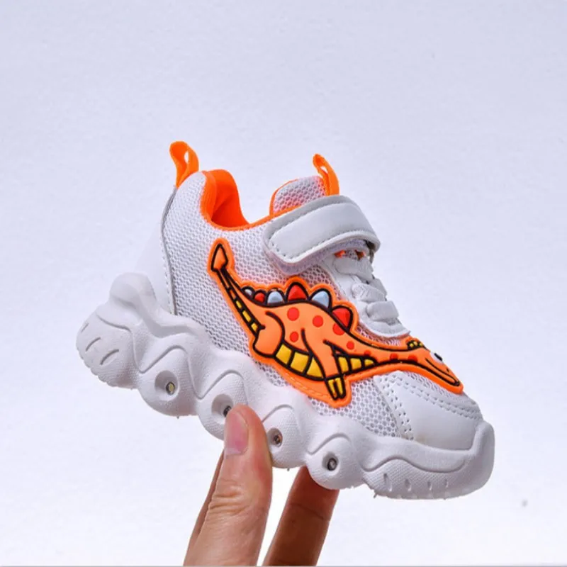 Spring Autumn New Boys' Girls' Dinosaur LED Light Sports Shoes With Mesh Surface Breathable And Casual Light Shoes Children