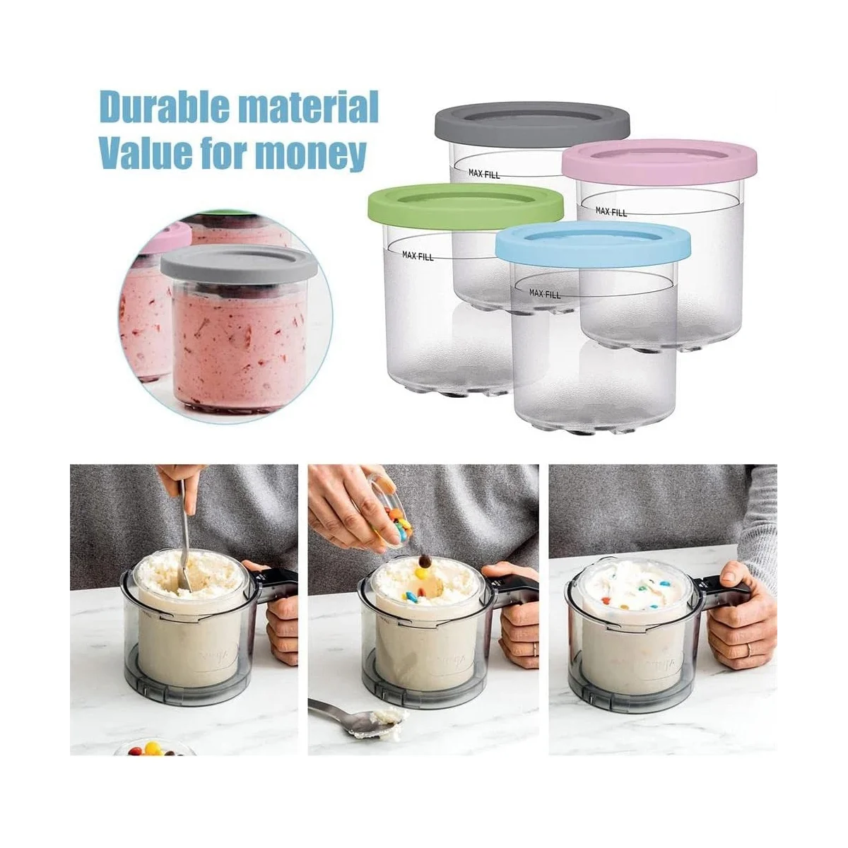Ice Cream Pints Cup, Ice Cream Containers with Lids for Ninja Creami Pints NC301 NC300 NC299AMZ Series Ice Cream Maker 3