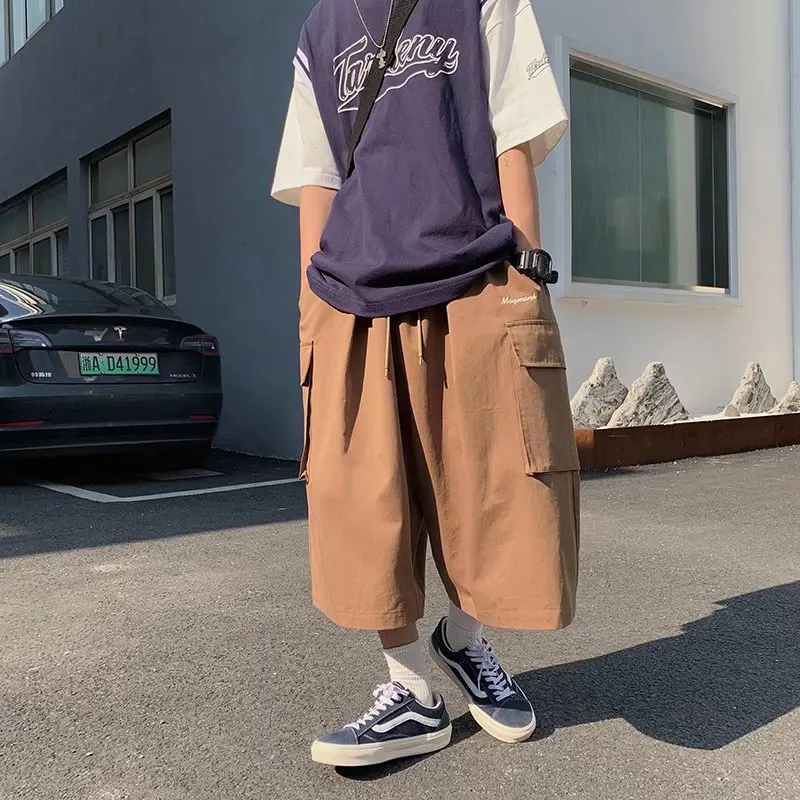 Man Cargo Thin Calf Length Short Pants Coffee Color Streetwear Ins BF Harajuku Loose Straight Pockets Daily Party Holiday Shorts