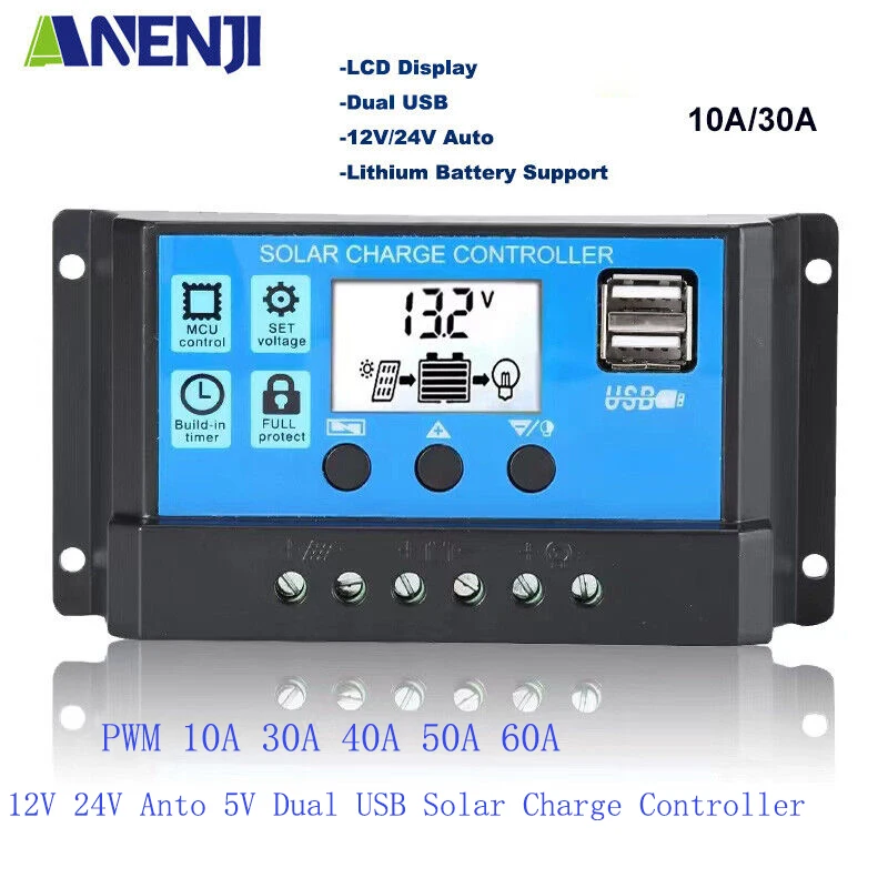 Solar Charge Controller 30A 10A 12V/24V Regulator Solar Panel PV Home with PWM Solar Charger LCD Display Dual USB Output DC 5V