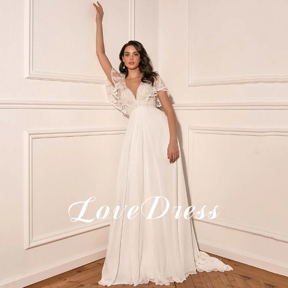 LoveDress Deep V-Neck Wedding Dress Ruffles Short Sleeve Lace Appliques A-Line Bride Gown Button Court Train Vestido De Novia