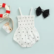 

0-24 Months Baby Girls Summer Sleeveless Romper Toddler Kids Sweet Casual Dot Print Bodysuit With Headband White Playsuit