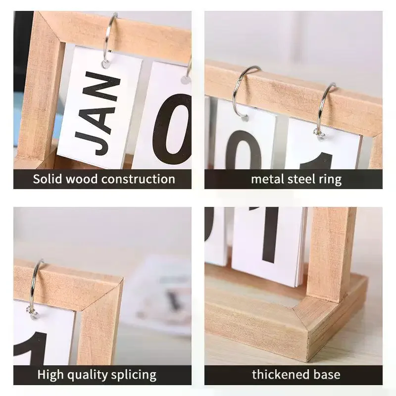 Calendario Perpetuo in Legno con Display a Fogli Mobili per Mese e Data, Pianificatore Giornaliero da Scrivania, Decorazione per Ufficio e Casa, Accessorio per Fotografia - immagine 4