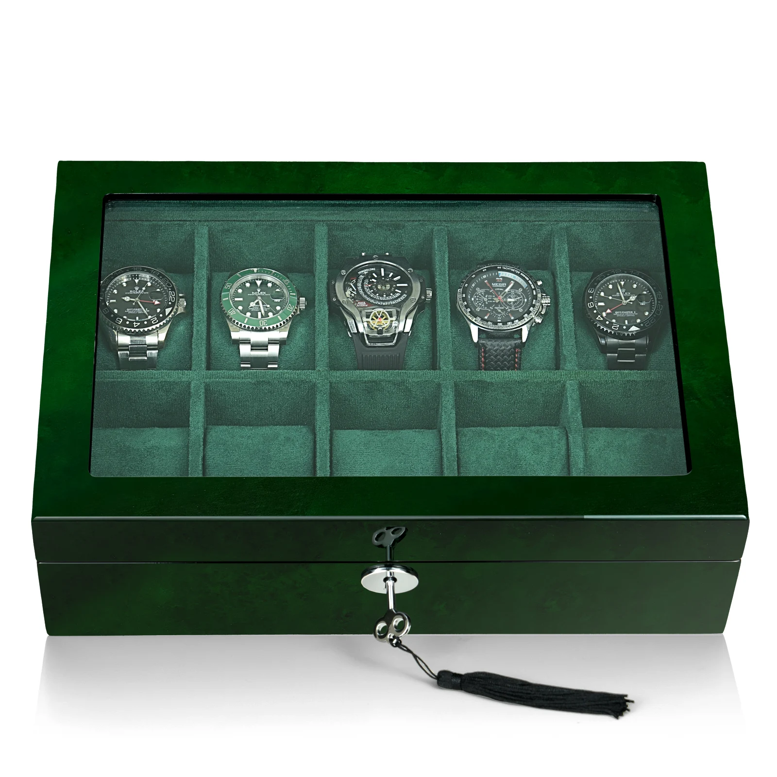 10 Watch Box Green Wood Large Glass Window Soft Suede Insert Locking Box for Watches Storage Organizer SYENS