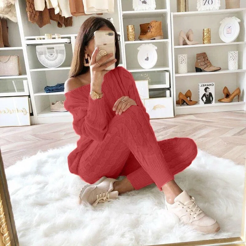 Oversize Dropped Shoulder Knit Pants Set Women's Long Sleeve Knitted Long Sleeve Top Thick Sweaters Casual Two-piece Sweater
