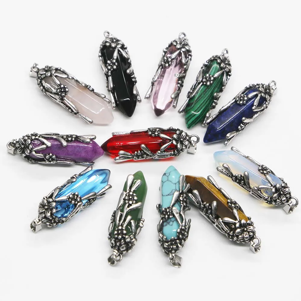 Natural Stone Double Pointed Hexagon Pillar Stainless Steel Flower Necklace Pendants Fashion Jewelry Accessories Wholesale 12Pcs