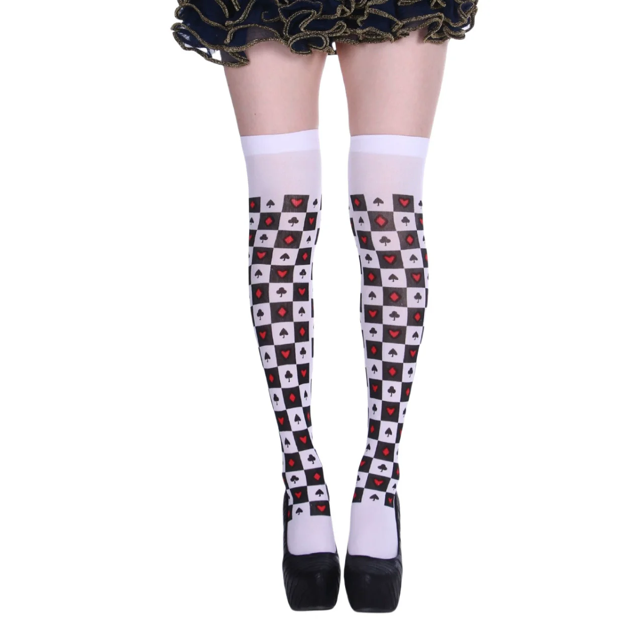 Clown Asymmetrisch gestreift bedruckt über dem Knie lange Socke Halloween Oberschenkelstrümpfe Strümpfe Cosplay Kostüm Strumpfhosen für Frauen – Detail 5