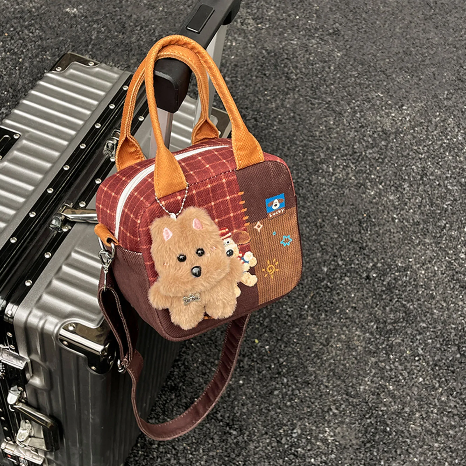 Women Cartoon Plaid Crossbody Bag W/Pendant Shoulder Bag Small Tote Bag for Travel Shopping Daily Use