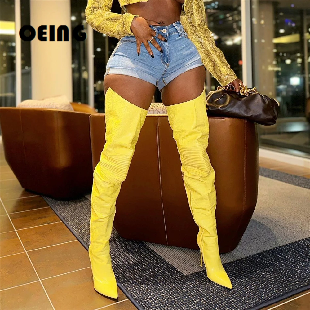 

2023 Spring New Women Thigh High Boots Sexy Snakeskin Leather Over The Knee Boots Female Pointy Toe Club Party Motorcycle Boots