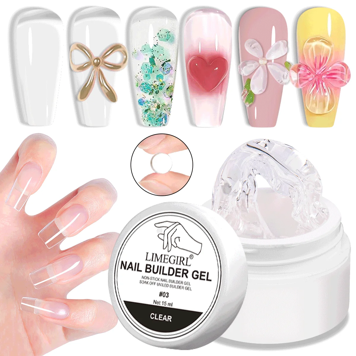 LIMEGIRL 15g Gel per estensione unghie solido Gel UV per fototerapia a mano antiaderente Gel per costruzione rapida Suggerimenti per unghie Nail Art Prolungare il gel per unghie