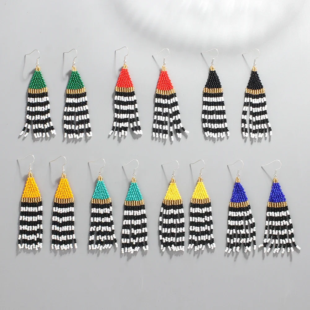 

Rice Bead Earrings Hand Beaded arrangement Simplicity weave fashion Bohemia geometry alloy ma'am Tassel Earrings