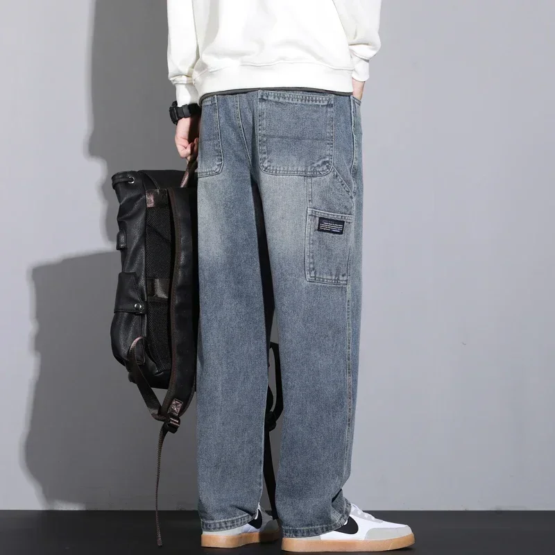 2024 New Autumn Men's Jeans Street Hip-hop Loose Straight Multi-pocket Workwear Denim Trousers Baggy Casual Splicing Trousers 5