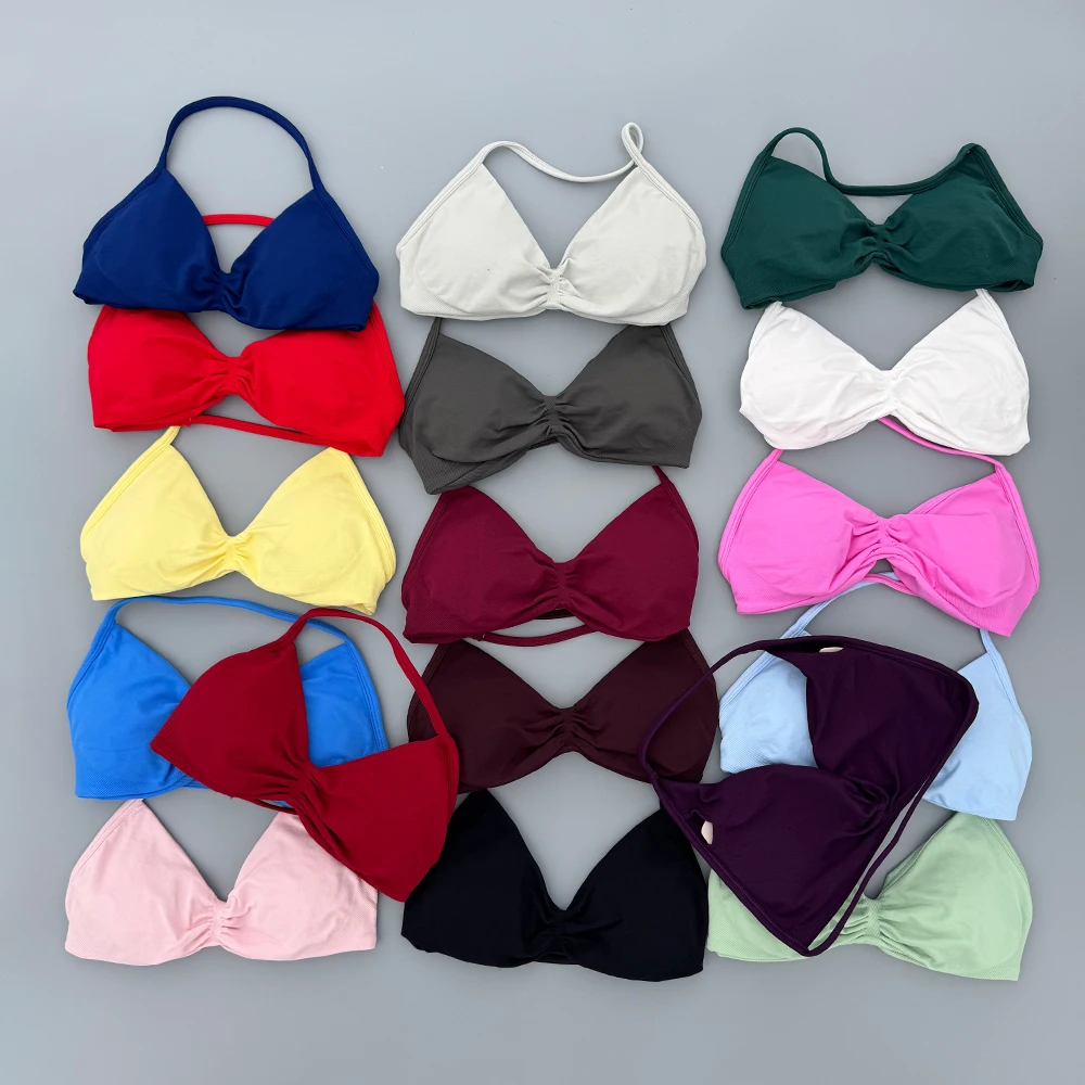 Women's High Support Strappy Ruched Backless Halter Push-Up Seamless Sports Bra with Removable Pads