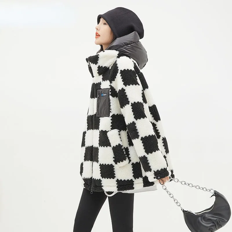 Women White Duck Down Jacket Winter Coat Female Checkerboard Temperament Warm Parkas Thick Short Outwear Fashion Hooded Overcoat